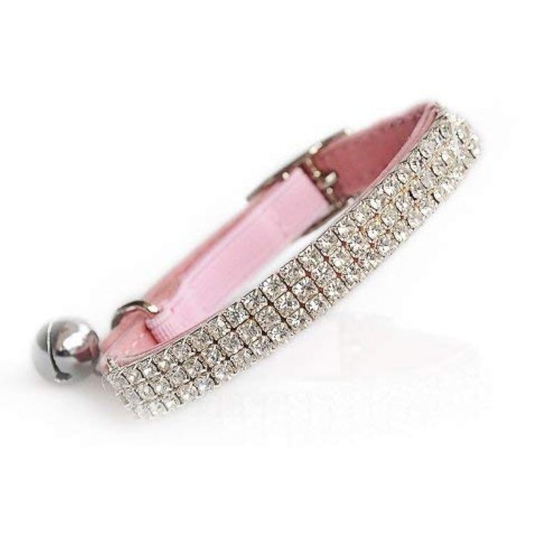CHUKCHI Soft Velvet Safe Cat Adjustable Collar Bling Diamante with Bells,11 inch for Small Dogs and Cats (Pink) - Image 1